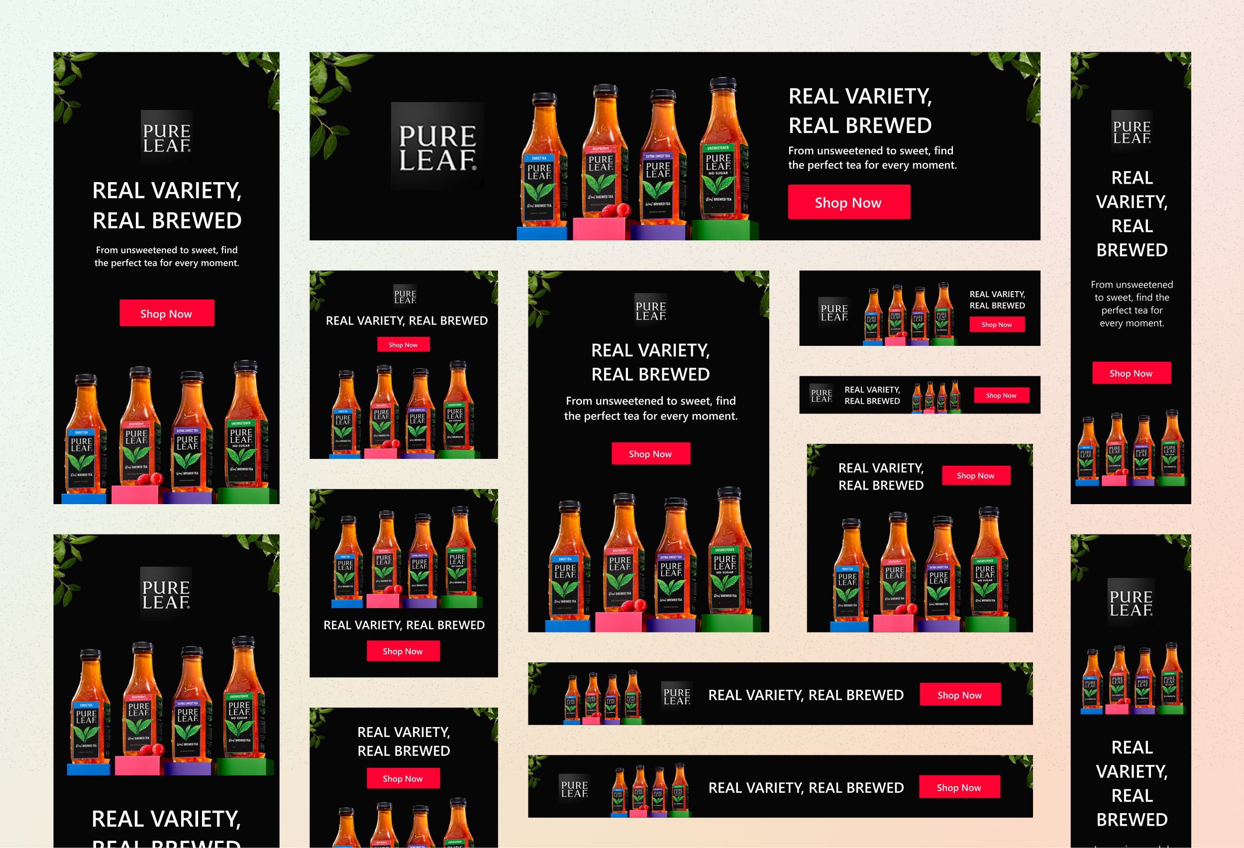Multiple Pure Leaf tea banner ad variations generated from the same asset set, showing intelligent layout adaptation across different aspect ratios and sizes - portrait, landscape, square, and skyscraper formats. Each banner maintains brand consistency with the Pure Leaf logo, product imagery of colorful tea bottles, headline 'REAL VARIETY, REAL BREWED', and red 'Shop Now' CTA button, but with layout logic tailored to each format's dimensions and proportions.